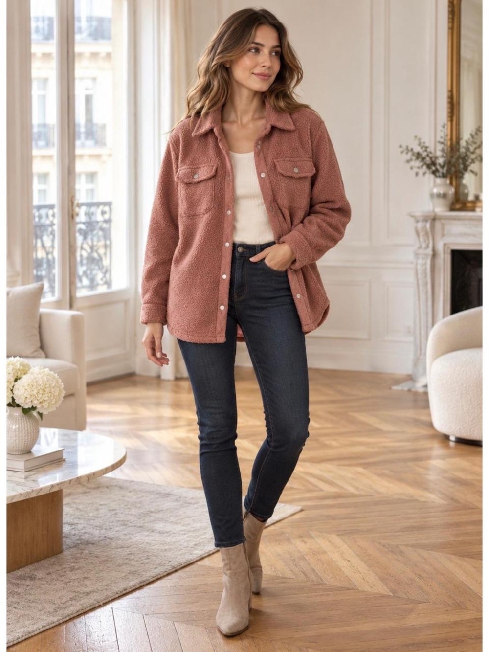 Soft Surroundings Dusty Rose Sherpa Shacket Teddy Fleece Snap